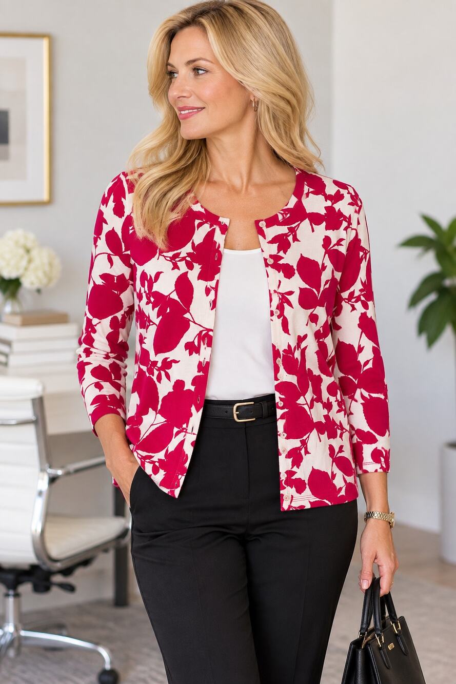 W150 Rafaella Womens Large Pink Cream Floral Button Front Cardigan Cotton